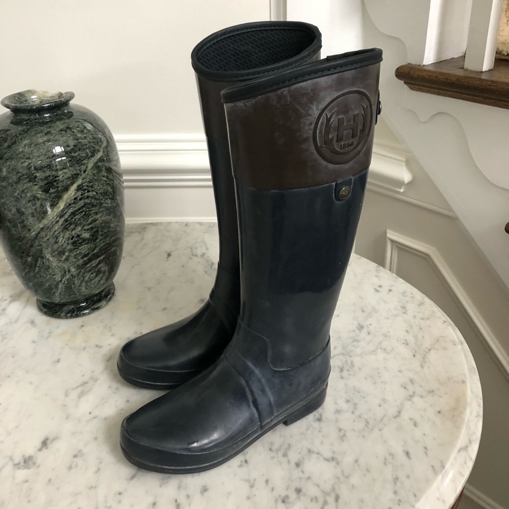Navy and brown knee-high hunter boots